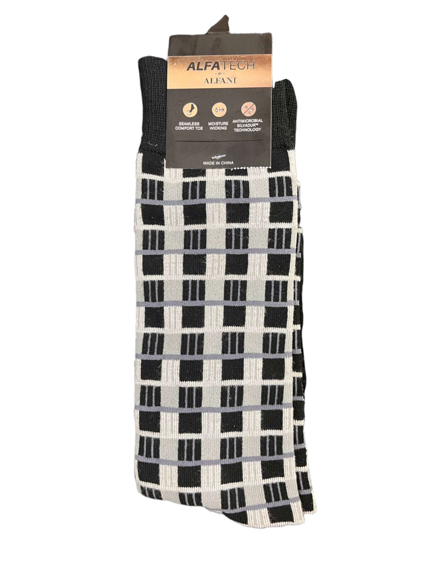 ALFATECH BY ALFANI Mens Black Geometric Ribbed-Knit Cuff Seamless Dress Crew Socks 7-12