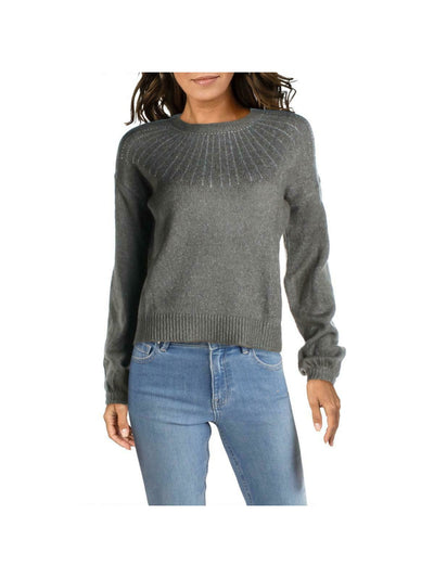 AQUA Womens Gray Rhinestone Long Sleeve Crew Neck Sweater XS