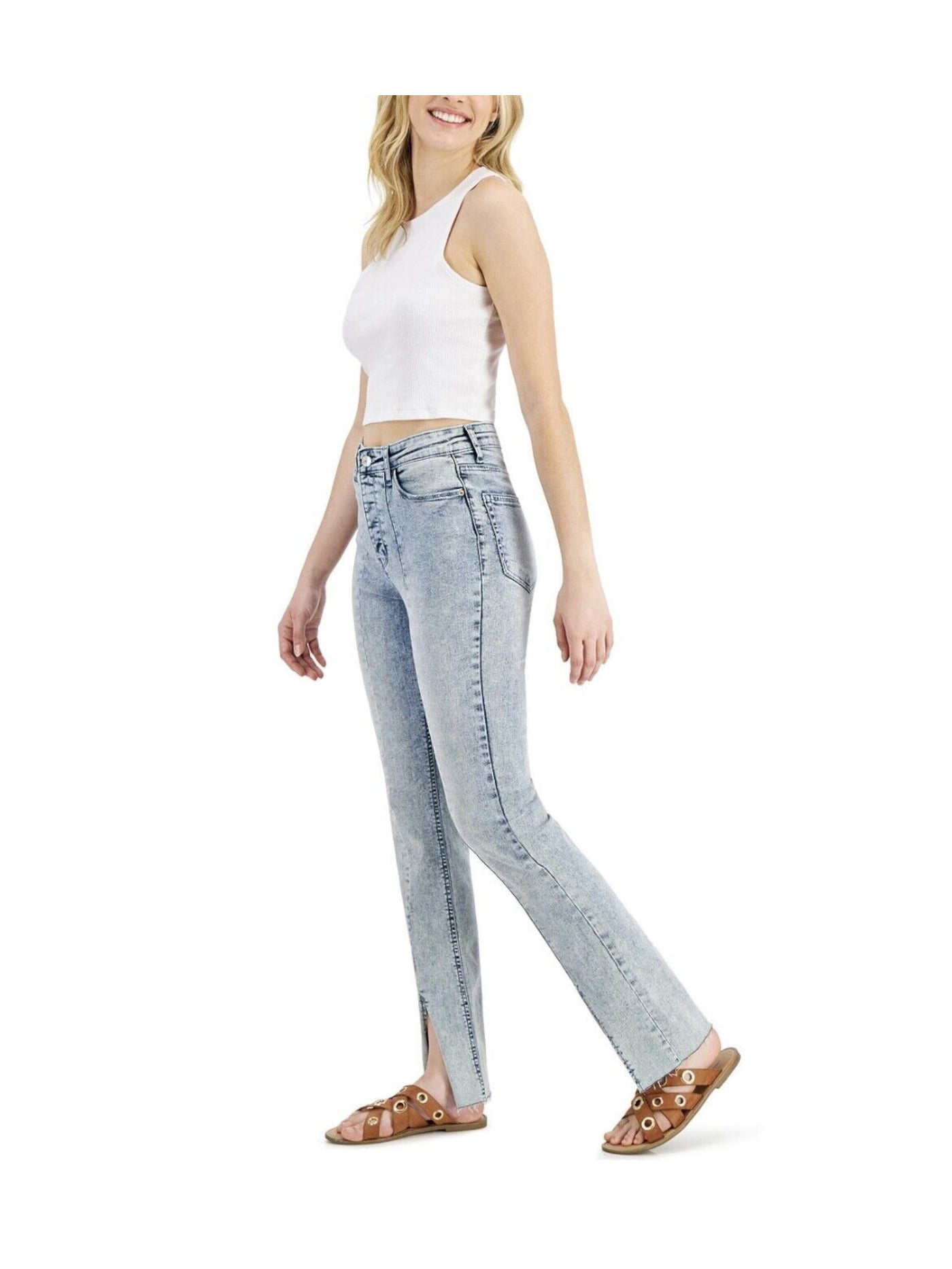 VANILLA STAR Womens Blue Pocketed Frayed Button Fly Straight Leg Slit Hem High Waist Jeans Juniors 11
