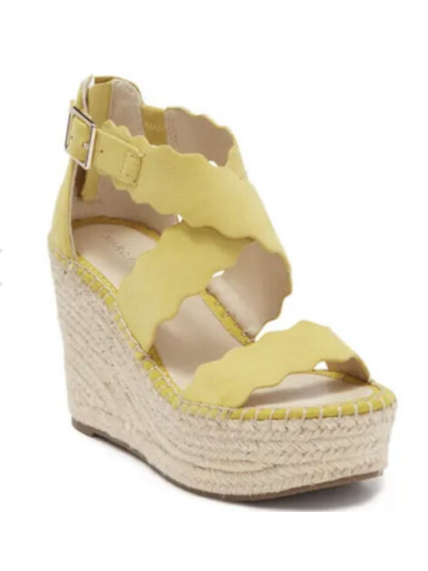 MARC FISHER Womens Yellow Scalloped Crisscross Straps 1.5 Platform Gore Woven Lining Comfort Buckle Accent Calita Round Toe Wedge Zip-Up Leather Dress Espadrille Shoes 5.5 M