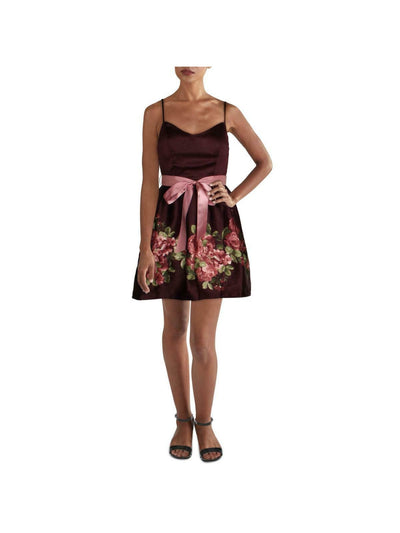 TEEZE ME Womens Burgundy Zippered Tie Floral Spaghetti Strap Sweetheart Neckline Mini Cocktail Fit + Flare Dress Juniors 5\6