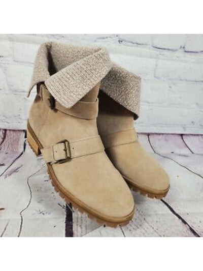 SPLENDID Womens Beige Padded Adjustable Strap Lug Sole Karlyn Round Toe Block Heel Buckle Leather Boots Shoes 7.5 M