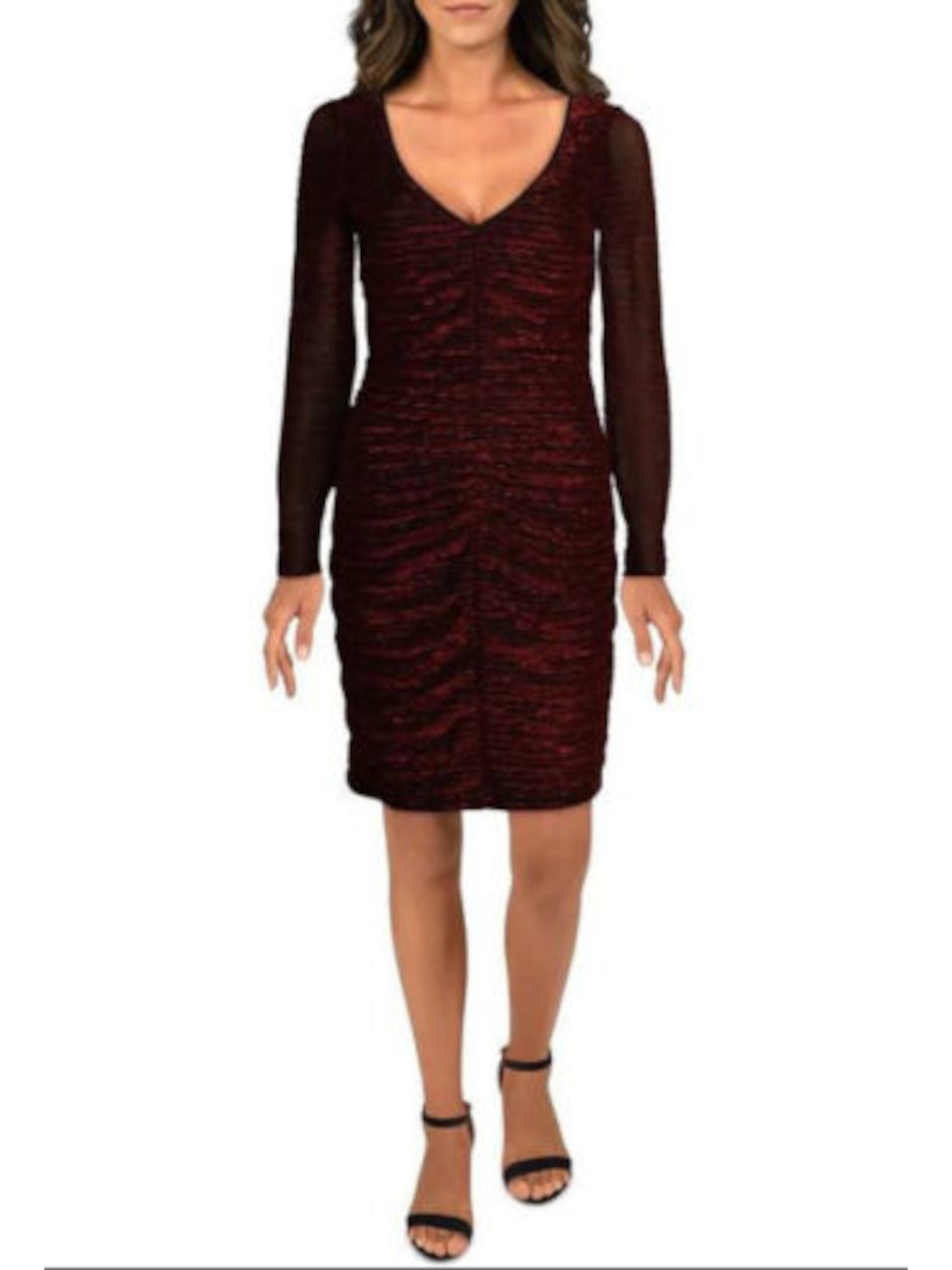 GUESS Womens Red Sheer Long Sleeve V Neck Above The Knee Cocktail Body Con Dress 10