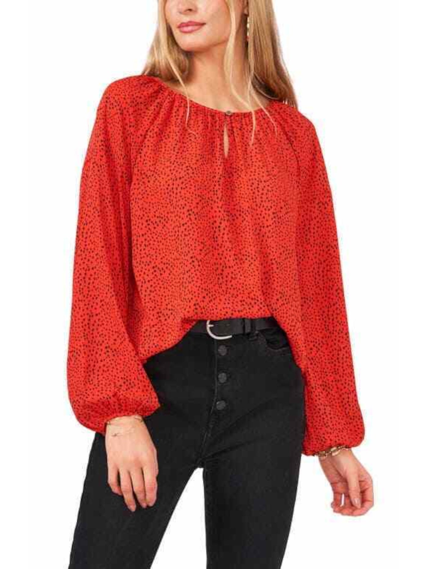 VINCE CAMUTO Womens Orange Gathered Unlined Drop Shoulders Pullover Polka Dot 3/4 Sleeve Keyhole Wear To Work Peasant Top S