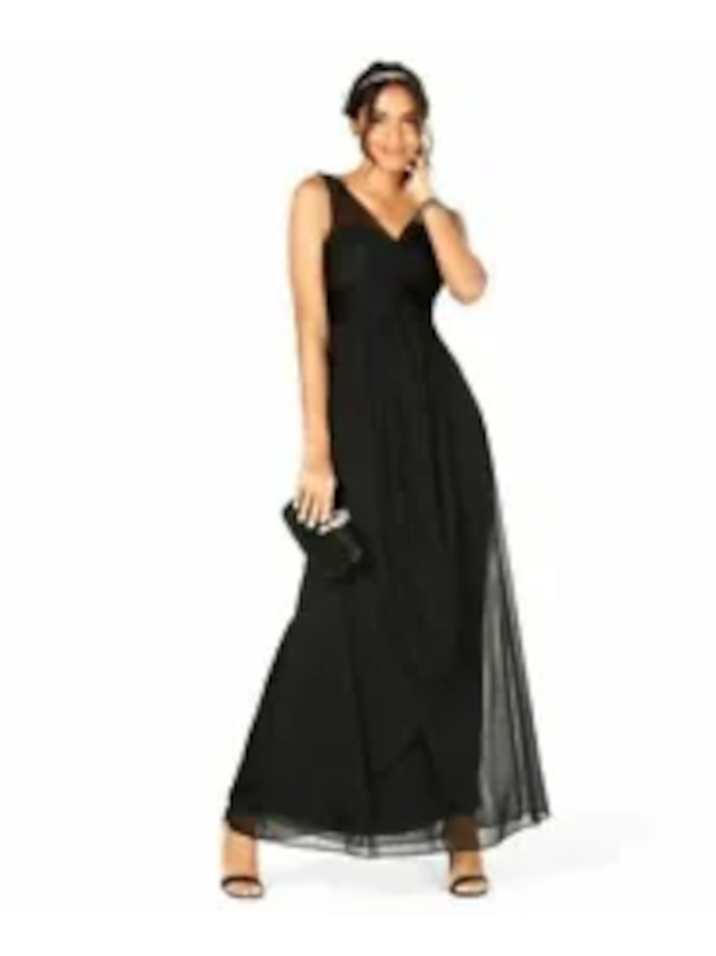 ADRIANNA PAPELL Womens Black Embellished Ruched Sleeveless V Neck Full-Length Evening Empire Waist Dress 8