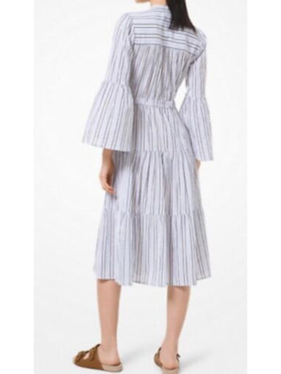 MICHAEL MICHAEL KORS Womens Blue Belted Pleated Darted Button Tiered Striped Bell Sleeve Crew Neck Midi Fit + Flare Dress S
