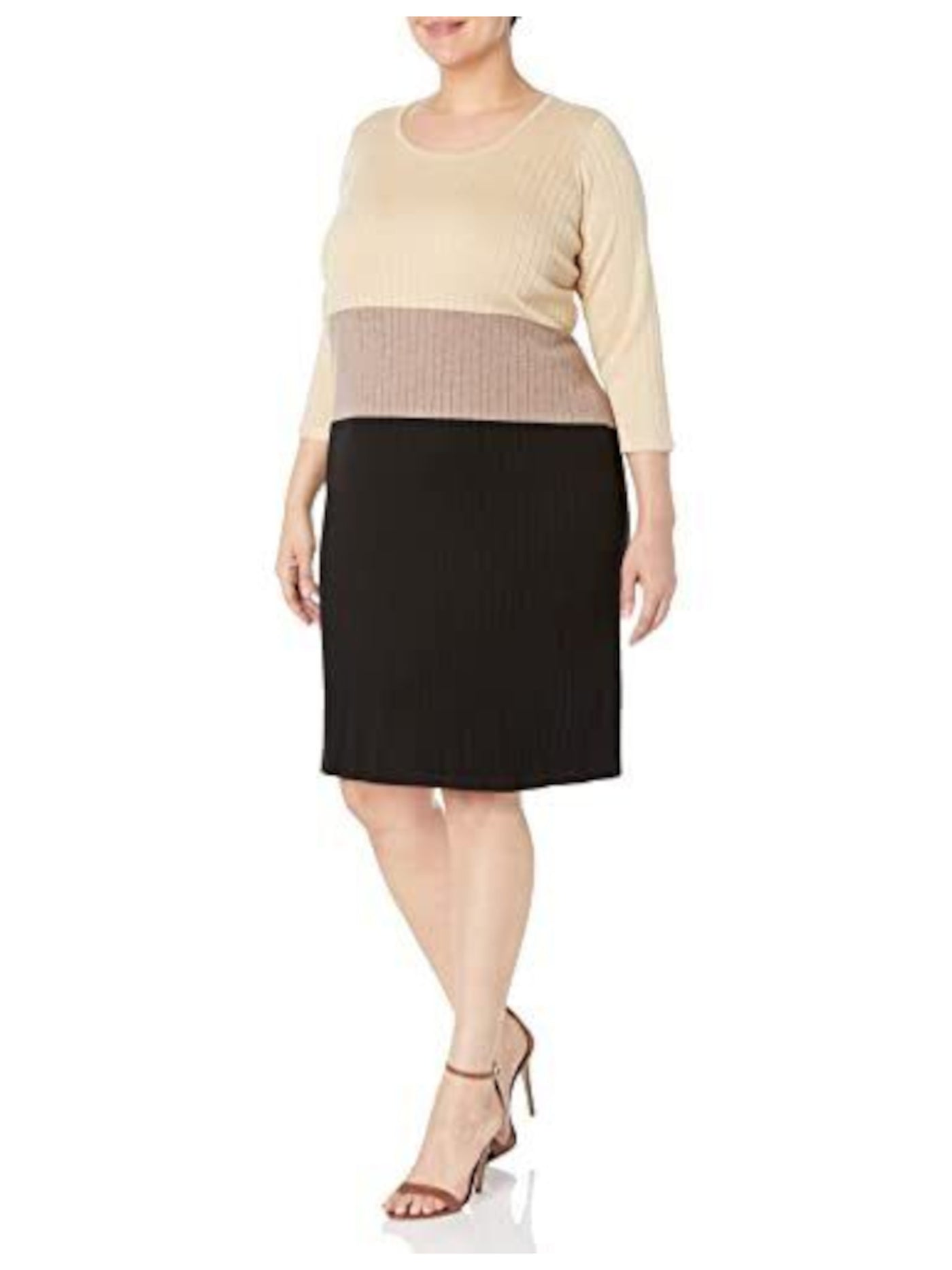CALVIN KLEIN Womens Beige Ribbed Color Block 3/4 Sleeve Scoop Neck Knee Length Wear To Work Shift Dress Plus 2X