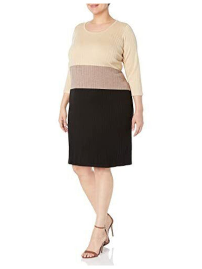 CALVIN KLEIN Womens Beige Ribbed Color Block 3/4 Sleeve Scoop Neck Knee Length Wear To Work Shift Dress Plus 1X