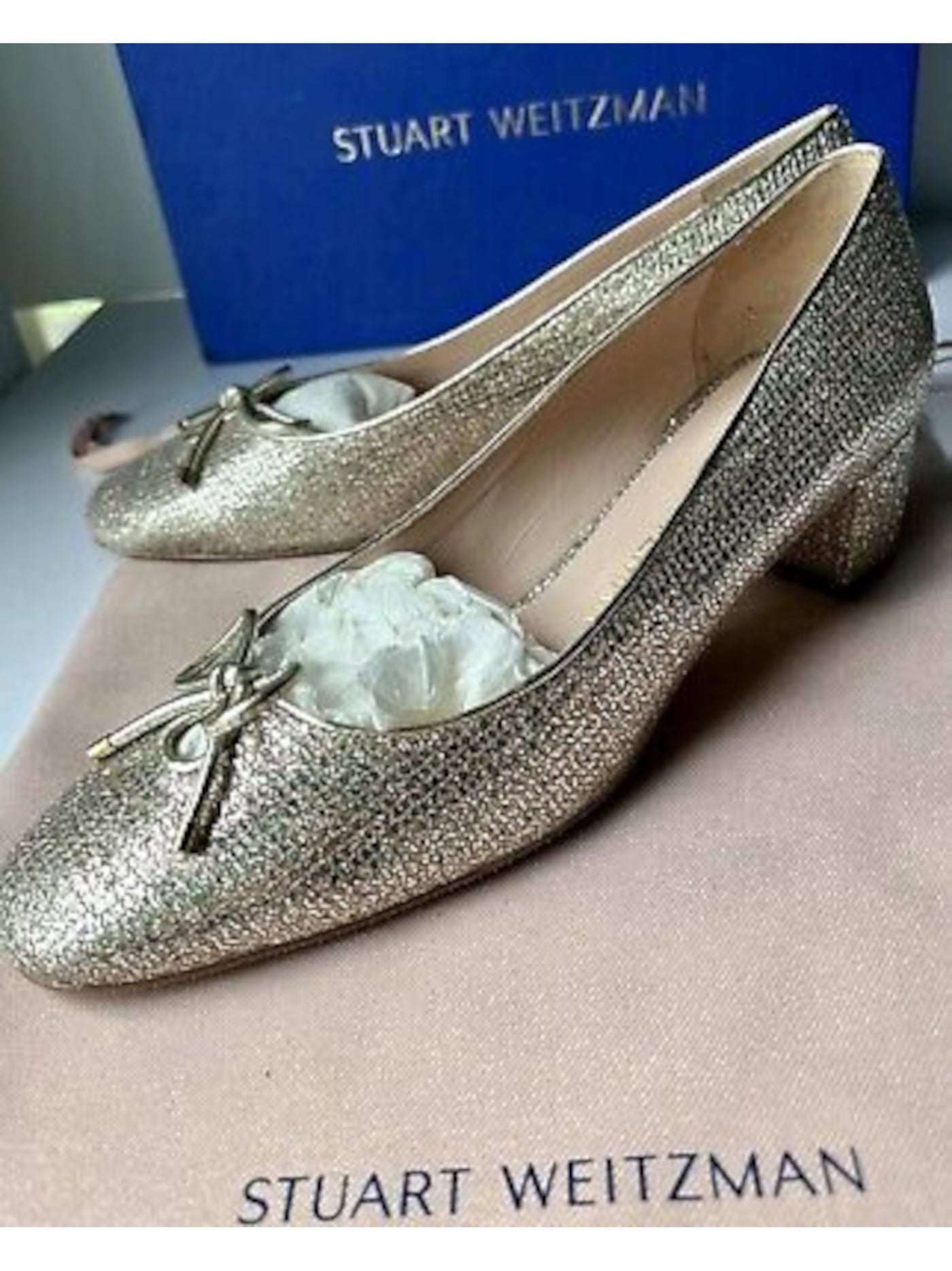 STUART WEITZMAN Womens Beige Glitter Bow Accent Padded Gabby Round Toe Block Heel Slip On Dress Pumps Shoes 6