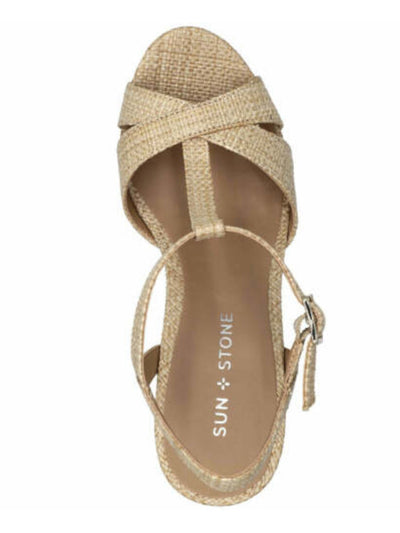 SUN STONE Womens Beige Cushioned Comfort Adjustable Woven-Like 1" Platform T-Strap Slip Resistant Jamie Round Toe Block Heel Buckle Slingback Sandal M