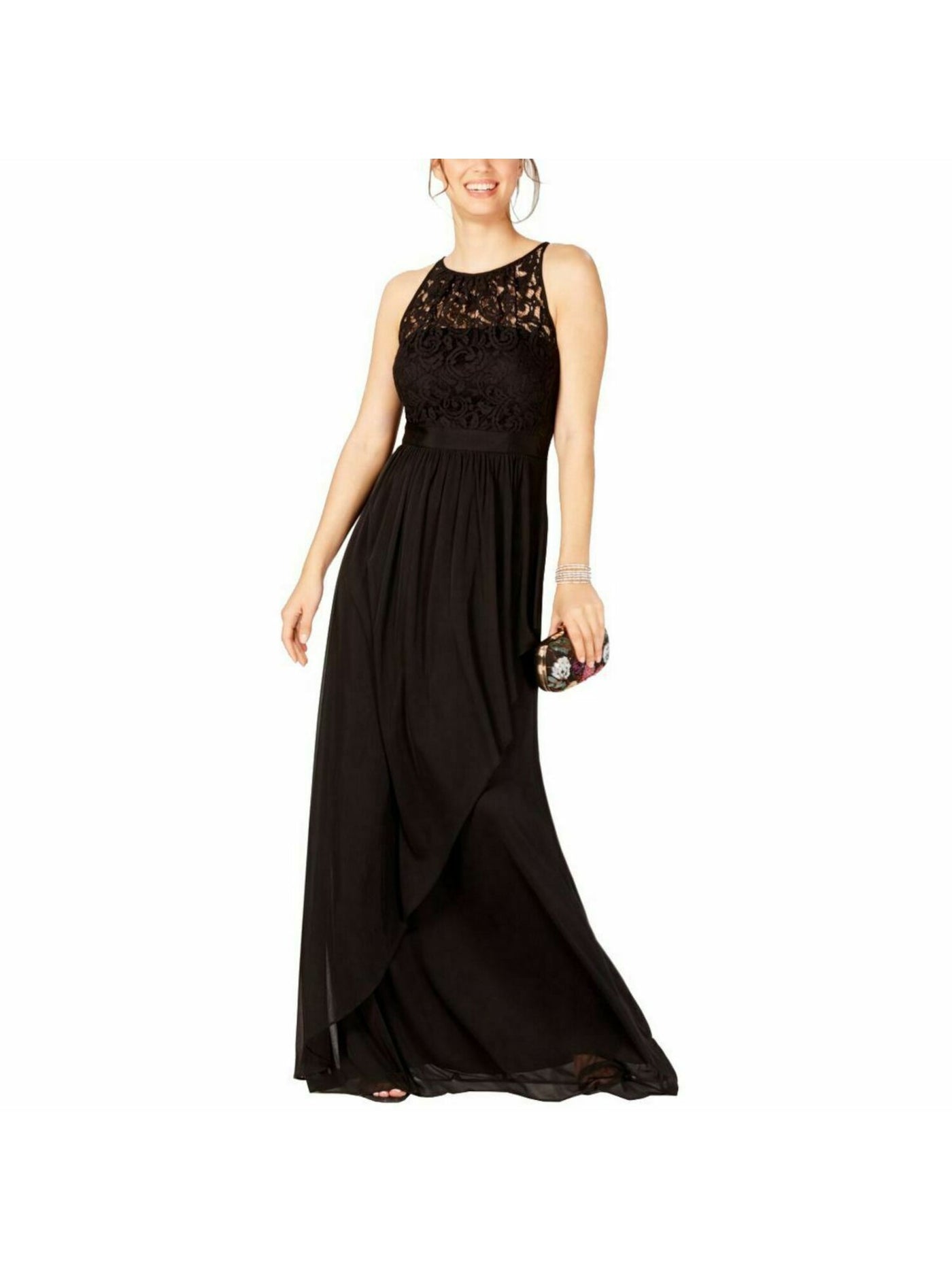 ADRIANNA PAPELL Womens Black Ruffled Sleeveless Illusion Neckline Maxi Formal Sheath Dress 0