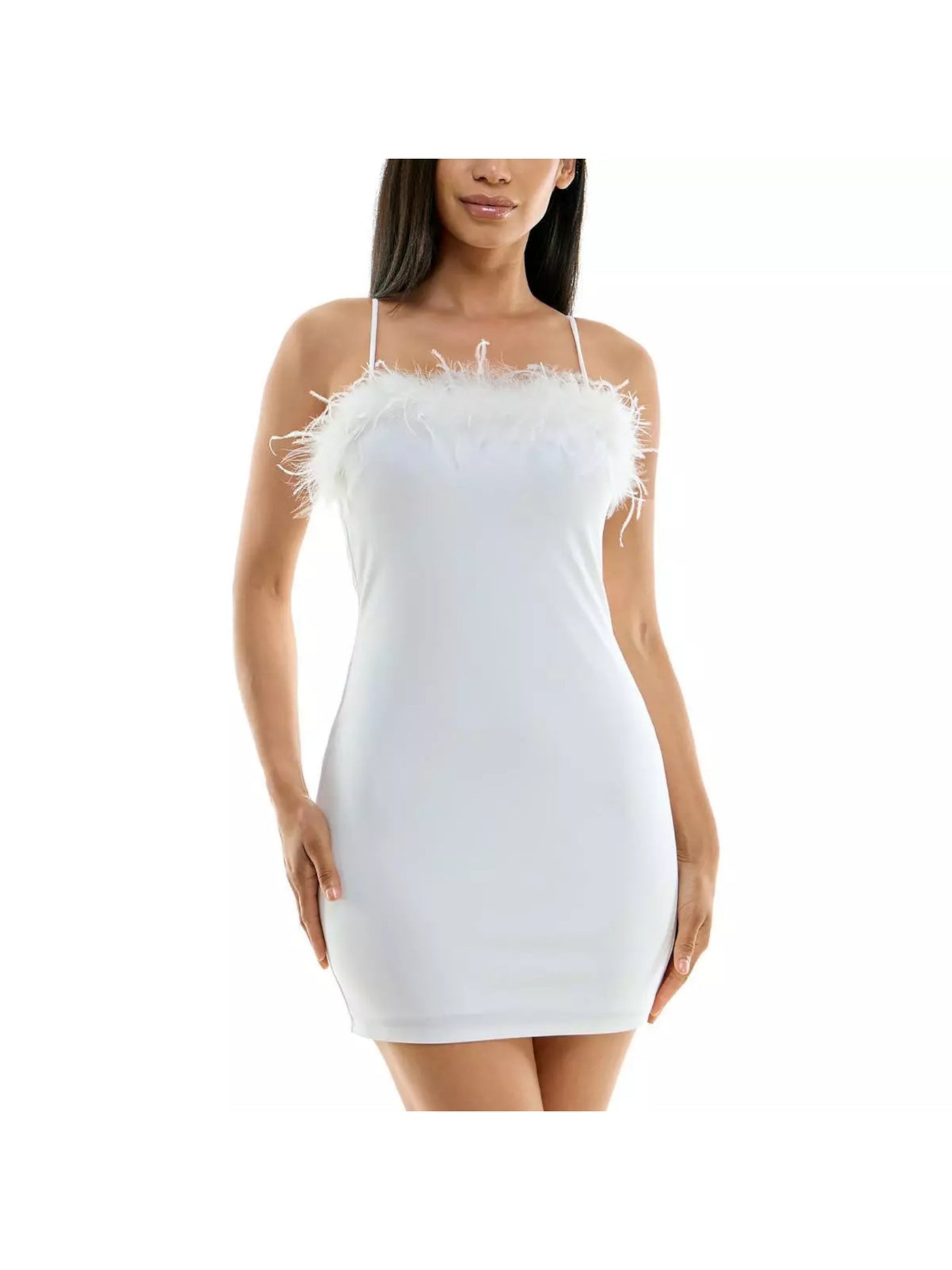 B DARLIN Womens Ivory Adjustable Lined Feather-trim Spaghetti Strap Square Neck Mini Party Body Con Dress 11\12