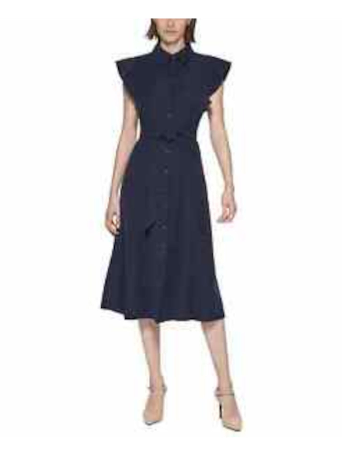 CALVIN KLEIN Womens Navy Belted Button Down Unlined Flutter Sleeve Collared Below The Knee Shirt Dress 2