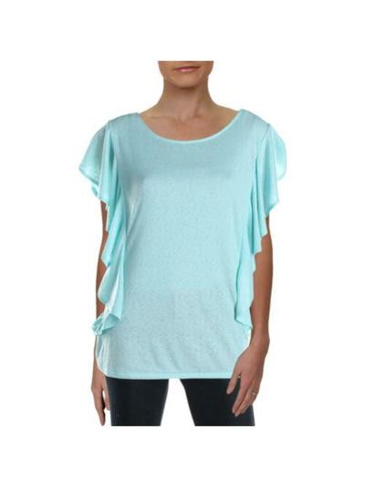 RACHEL ROY Womens Aqua Ruffled Short Sleeve V Neck Top XL