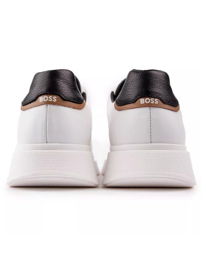 BOSS Mens White Logo Padded Bulton Round Toe Wedge Lace-Up Leather Sneakers Shoes 7