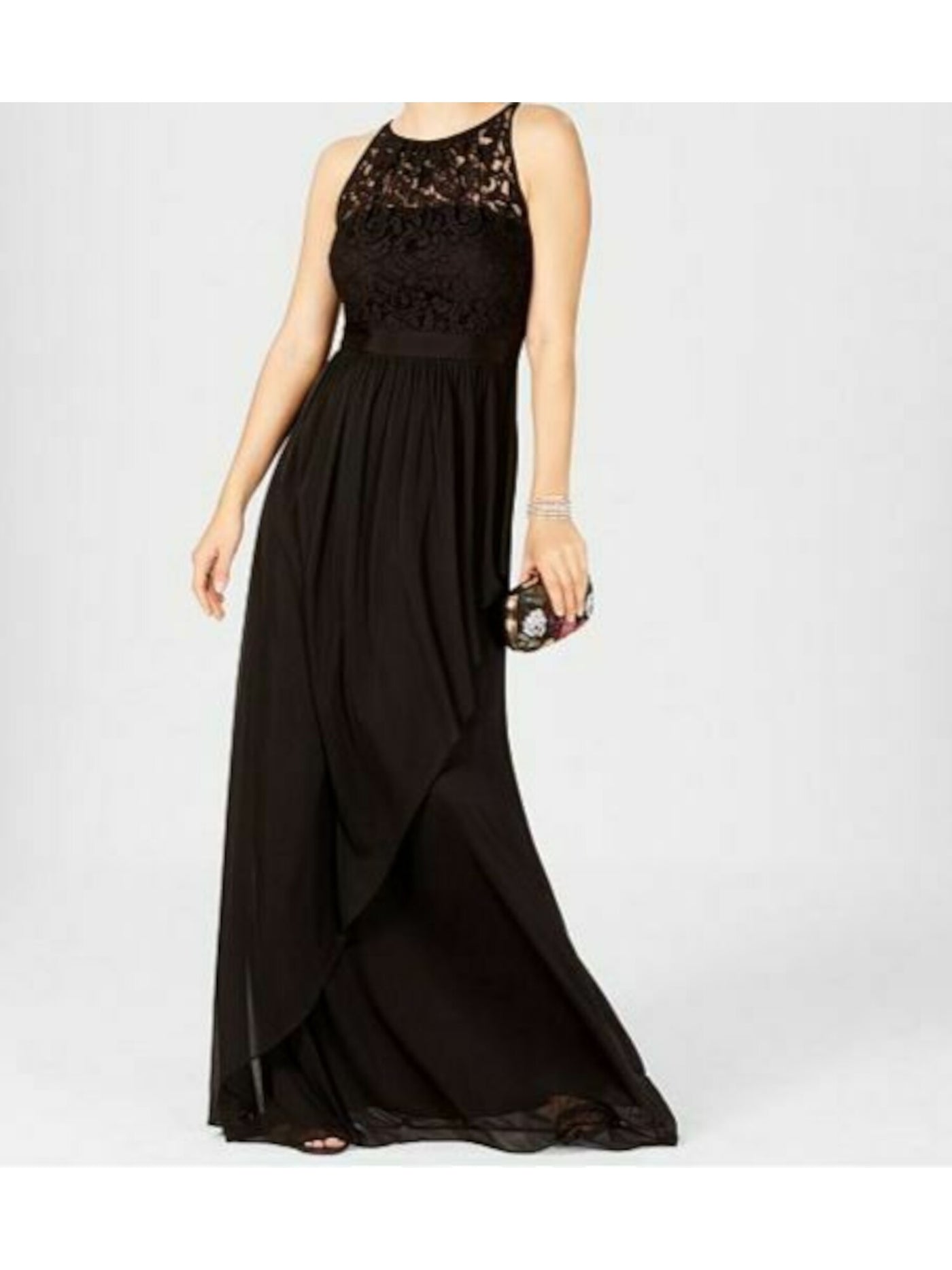 ADRIANNA PAPELL Womens Black Lace Sleeveless Illusion Neckline Maxi Formal Sheath Dress 2