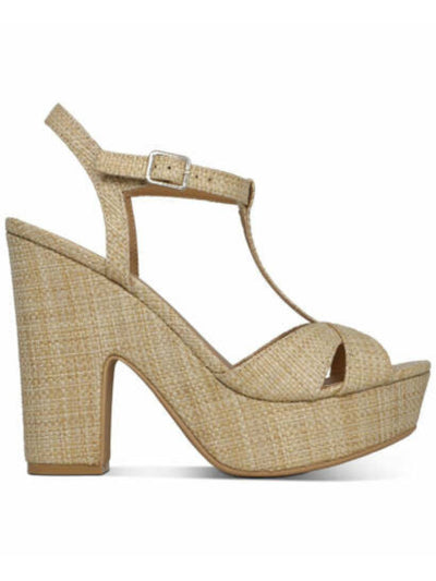 SUN STONE Womens Beige Cushioned Comfort Adjustable Woven-Like 1" Platform T-Strap Slip Resistant Jamie Round Toe Block Heel Buckle Slingback Sandal 8.5 M