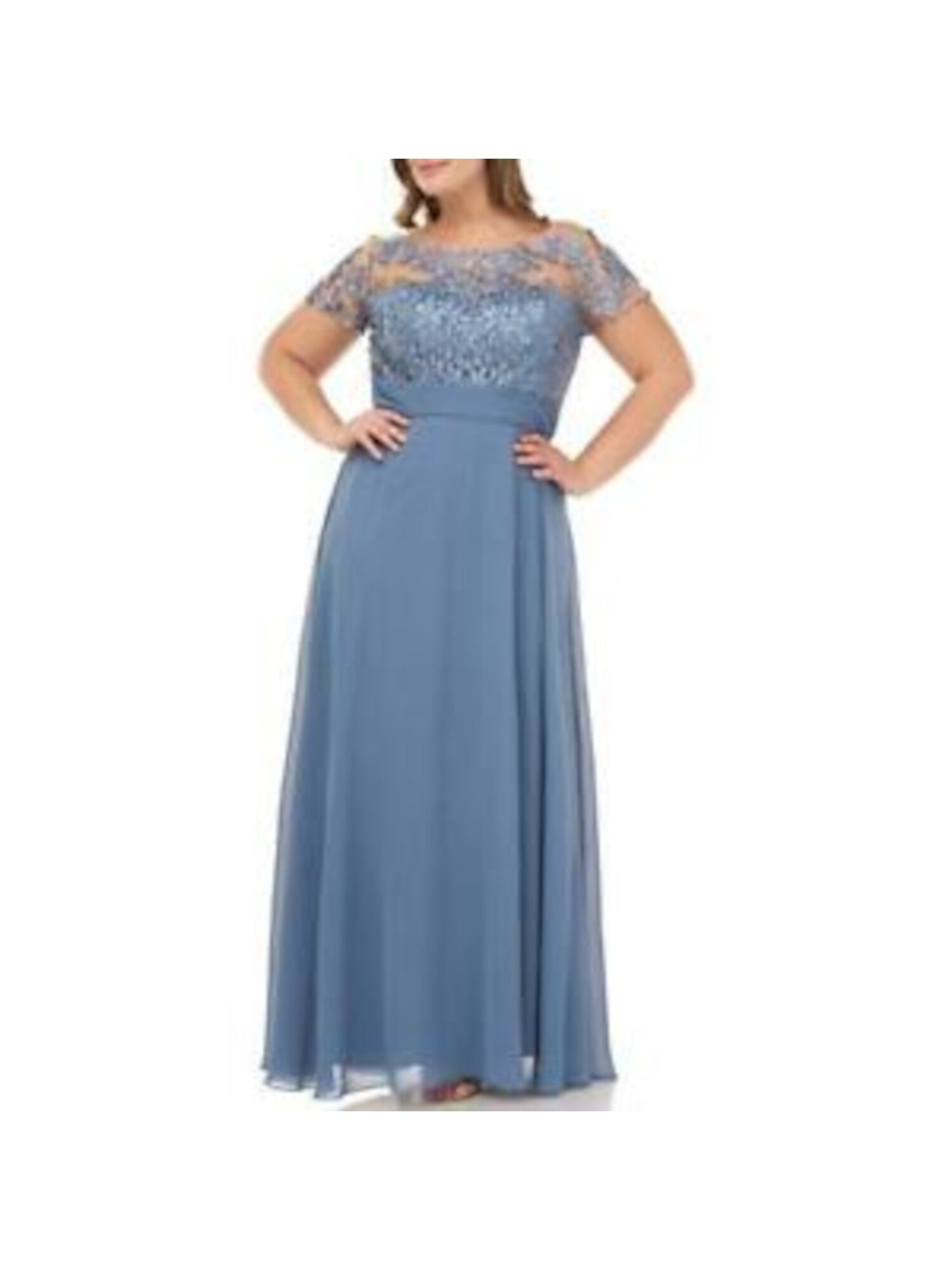 JS COLLECTION Womens Blue Embroidered Zippered Lace Lined Pleated Floral Short Sleeve Illusion Neckline Maxi Party Gown Dress 12