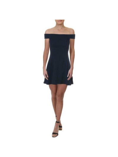 TEEZE ME Womens Navy Zippered Short Sleeve Off Shoulder Micro Mini Party Fit + Flare Dress 5\6