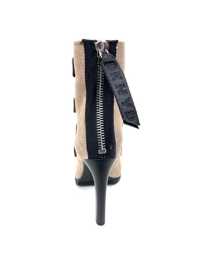 DKNY Womens Beige Hook & Loop Logo Tassle Padded Strappy Blake Peep Toe Stiletto Zip-Up Suede Heeled Boots 6.5 M