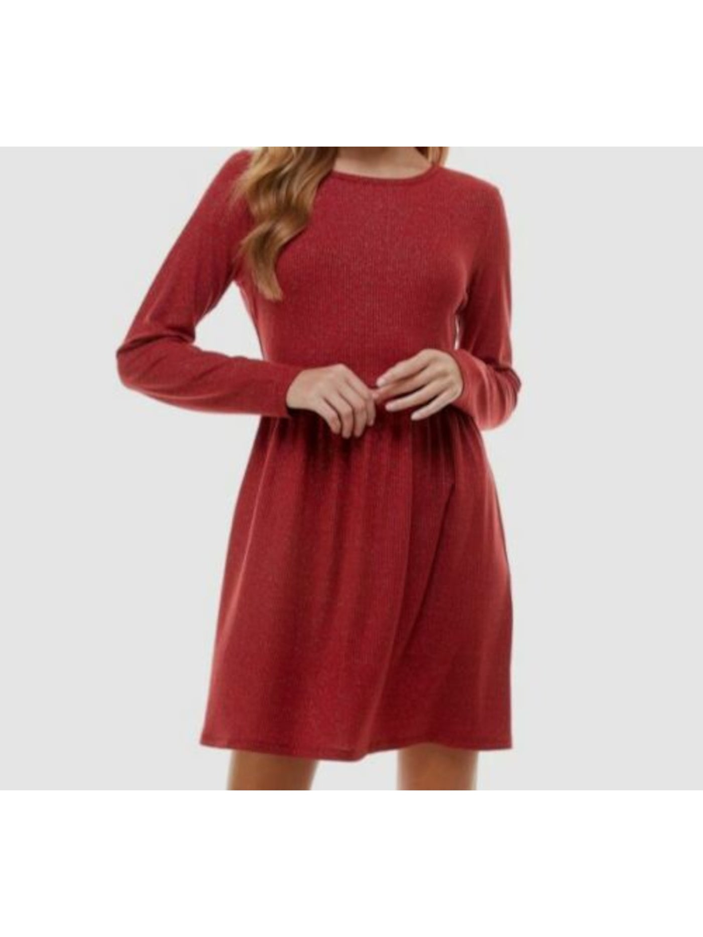 BEBOP Womens Burgundy Stretch Ribbed Pleated Pullover Long Sleeve Jewel Neck Short Party Baby Doll Dress M