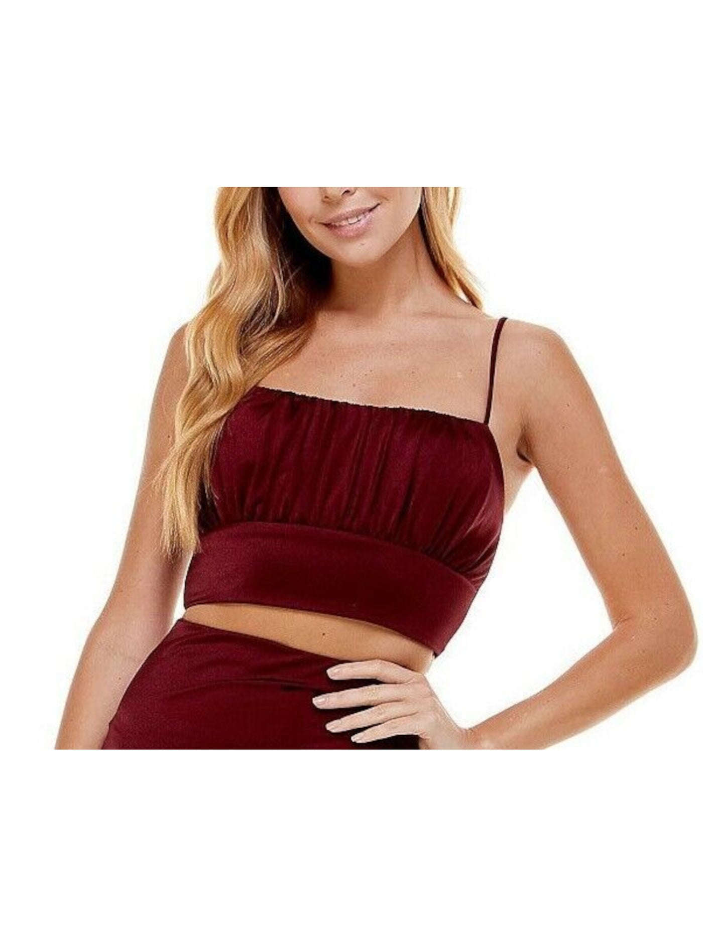 CITY STUDIO Womens Maroon Ruched Zippered Wide Hemline Band Lined Spaghetti Strap Scoop Neck Crop Top Juniors L