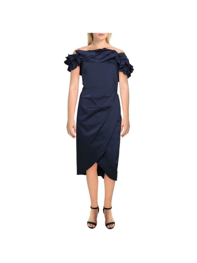 AIDAN MATTOX Womens Navy Ruffled Zippered Gathered Short Sleeve Off Shoulder Midi Formal Tulip Dress 4