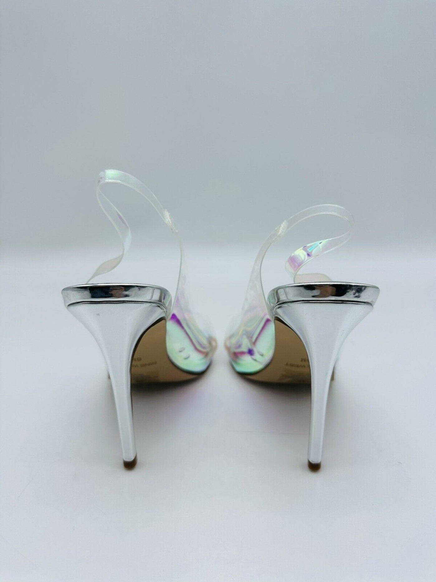 NINE WEST Womens Silver Iridescent Translucent Cut Out Padded Polka Pointed Toe Stiletto Slip On Dress Slingback Sandal 8 M