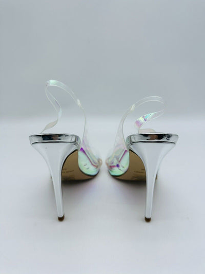 NINE WEST Womens Silver Iridescent Translucent Cut Out Padded Polka Pointed Toe Stiletto Slip On Dress Slingback Sandal 8 M