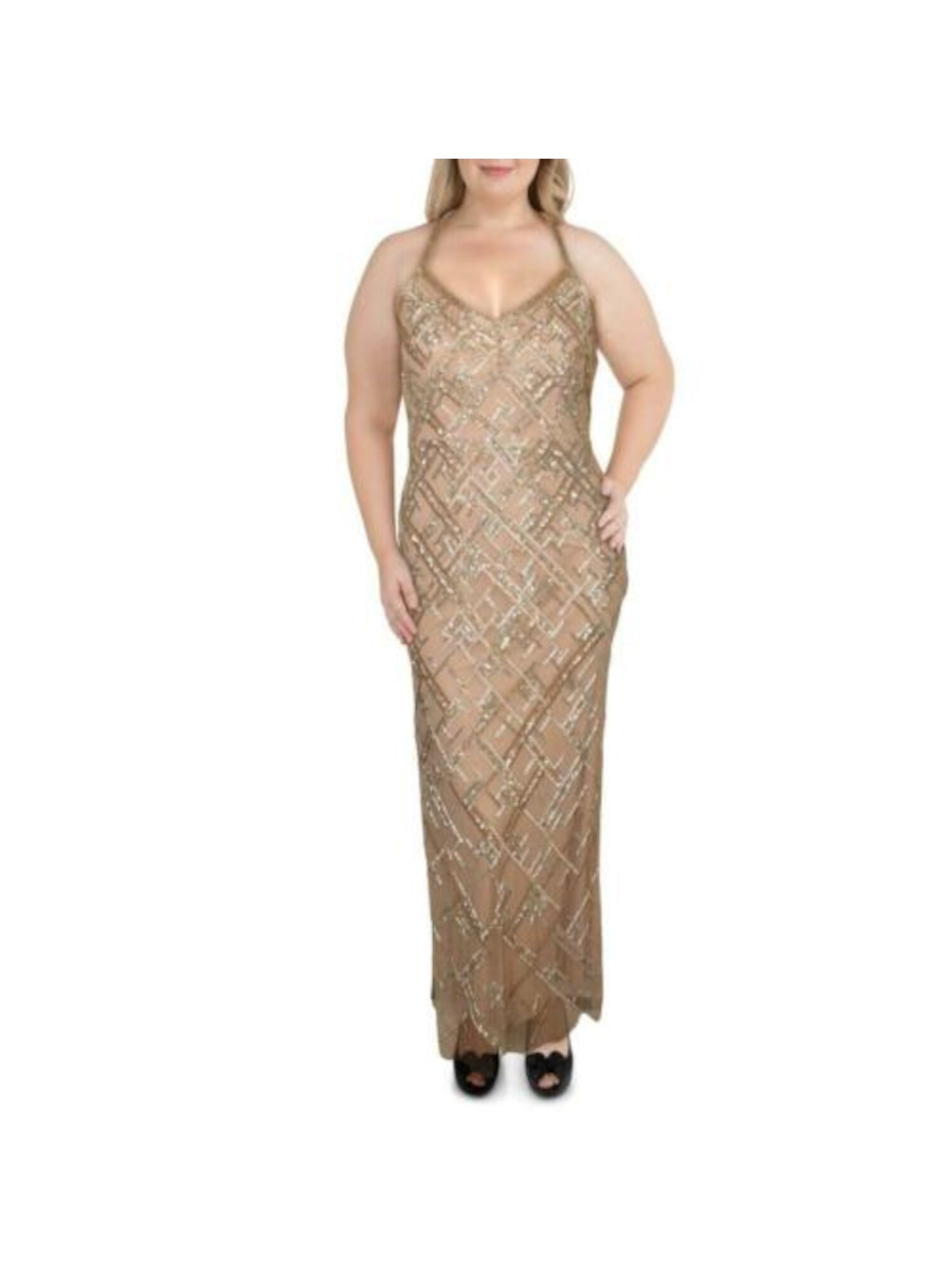 AIDAN MATTOX Womens Beige Embellished Zippered Open Back Spaghetti Strap V Neck Maxi Formal Gown Dress 8