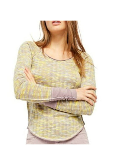 FREE PEOPLE Womens Yellow Printed Long Sleeve Scoop Neck T-Shirt S