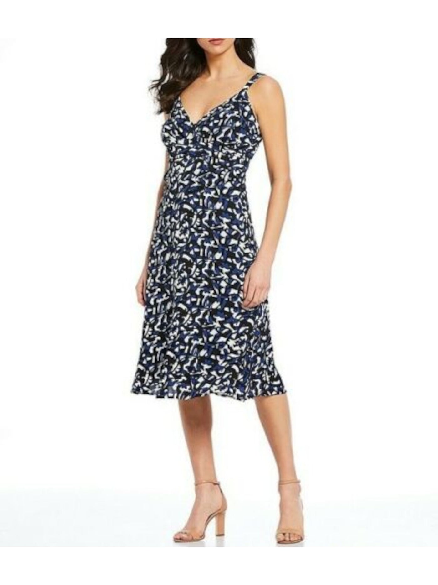 DONNA KARAN Womens Blue Printed Sleeveless Surplice Neckline Below The Knee Fit + Flare Dress 6