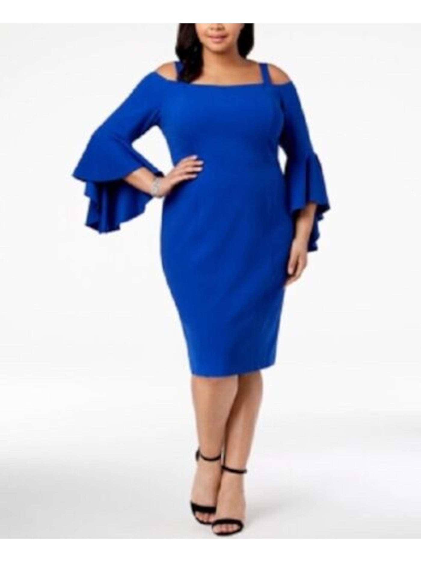 R&M RICHARDS Womens Blue Cold Shoulder Bell Sleeve Jewel Neck Midi Party Sheath Dress Plus 16W
