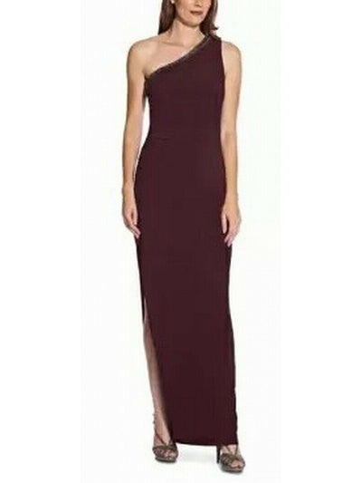 ADRIANNA PAPELL Womens Slitted Embellished Asymmetrical Neckline Full-Length Formal Body Con Dress