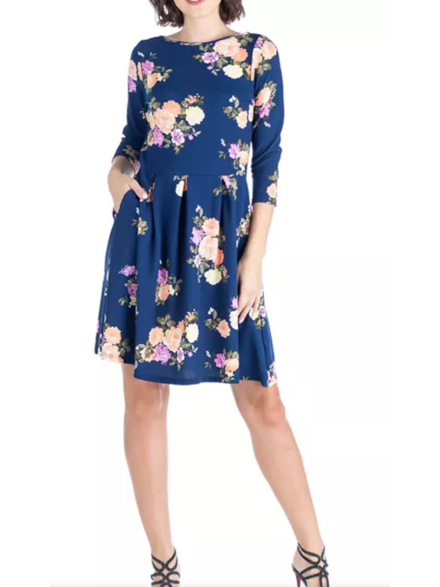 24 SEVEN COMFORT Womens Navy Pocketed Pleated Pullover Floral 3/4 Sleeve Boat Neck Above The Knee Fit + Flare Dress Plus 1X