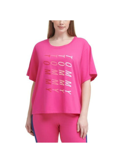TOMMY HILFIGER SPORT Womens Pink Ribbed Short Length Short Sleeve Scoop Neck T-Shirt Plus 1X