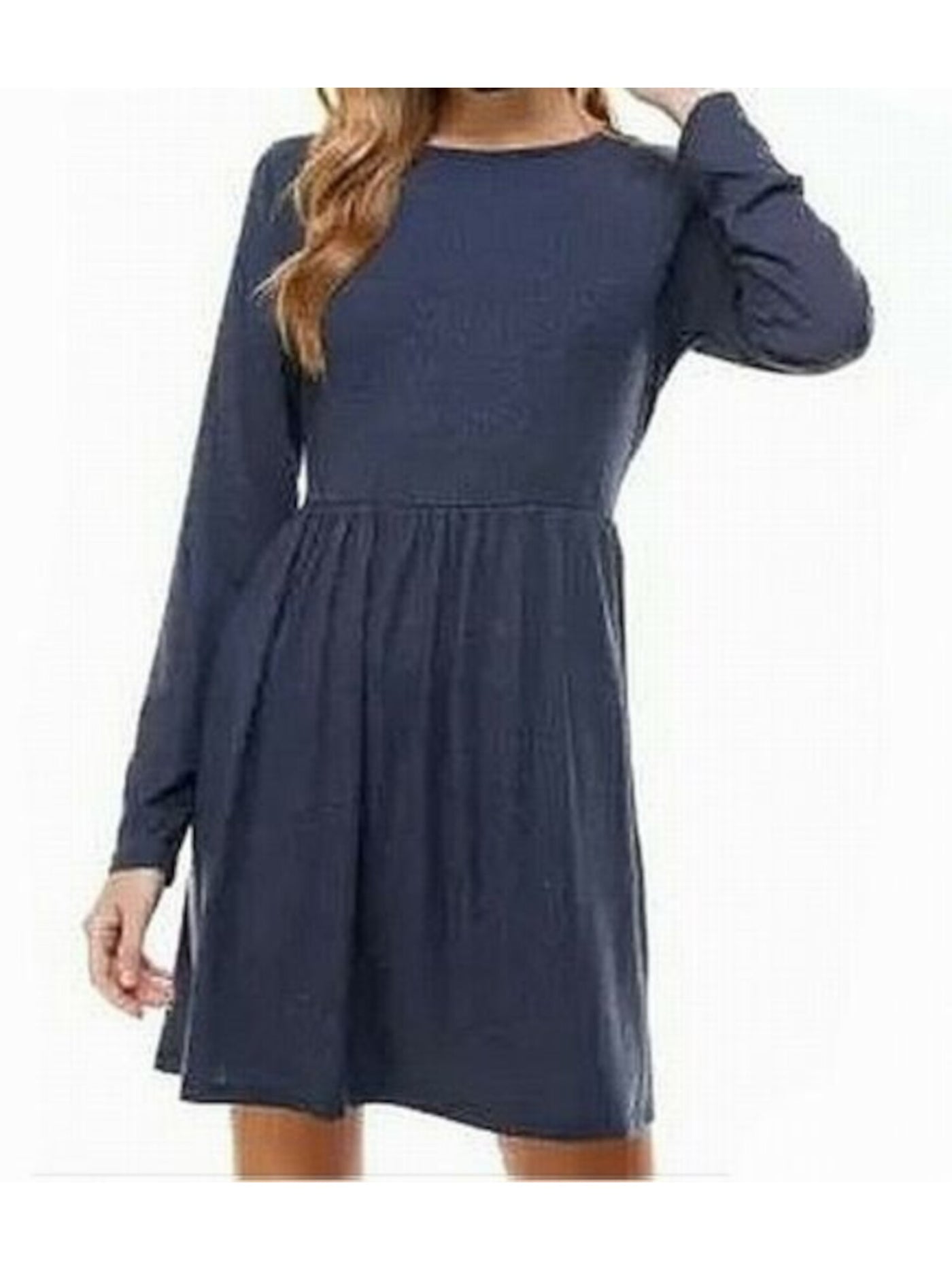 BEBOP Womens Navy Stretch Ribbed Pleated Pullover Styling Long Sleeve Jewel Neck Short Party Baby Doll Dress Juniors M