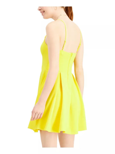 B DARLIN Womens Yellow Stretch Pleated Spaghetti Strap V Neck Short Party Fit + Flare Dress Juniors 3\4