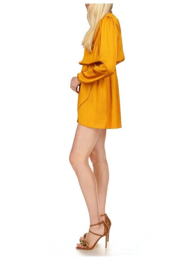 MICHAEL MICHAEL KORS Womens Yellow Textured Keyhole Back Faux Wrap Skirt Long Sleeve Crew Neck Mini Party Sheath Dress M