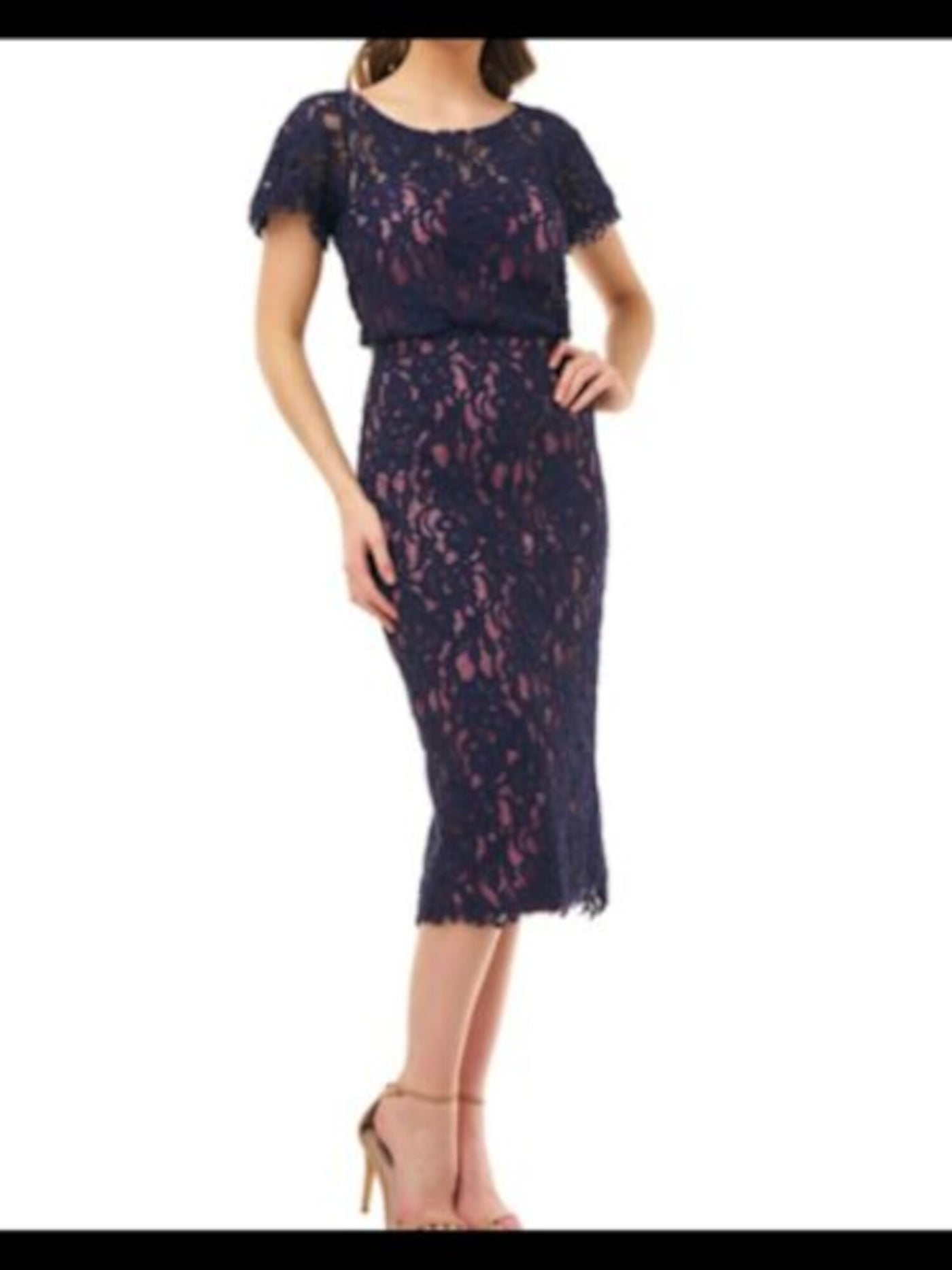 JS COLLECTIONS Womens Navy Floral Short Sleeve Jewel Neck Tea-Length Evening Sheath Dress 10