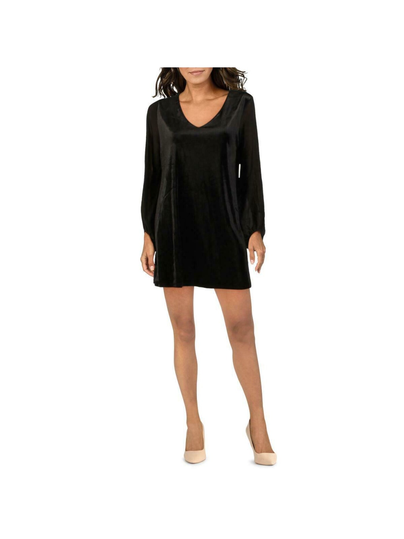 LISA  + LUCY Womens Black Long Sleeve V Neck Short Evening Shift Dress M