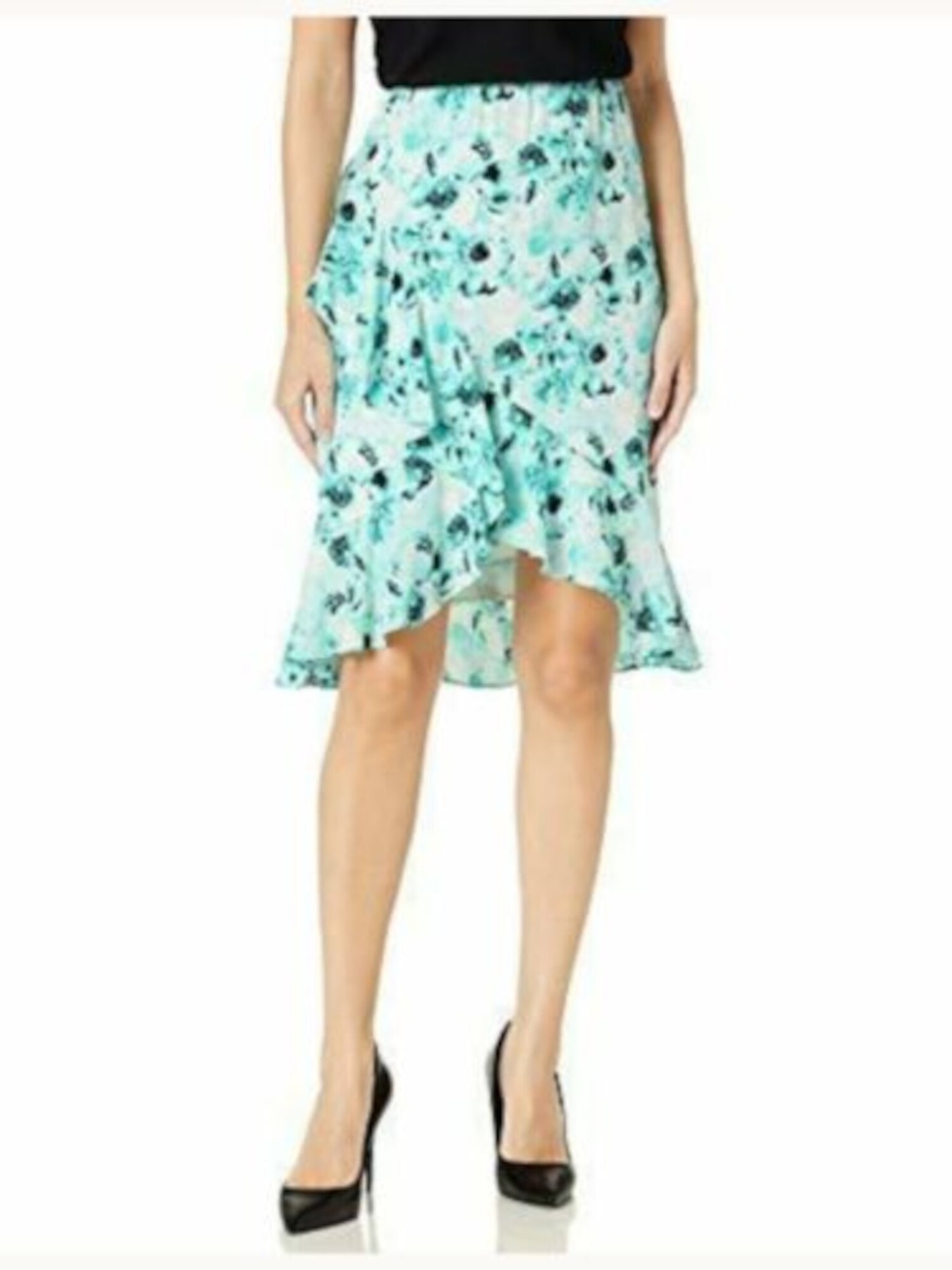 KASPER Womens Aqua Ruffled Elastic Waist Floral Knee Length Wear To Work A-Line Skirt 10