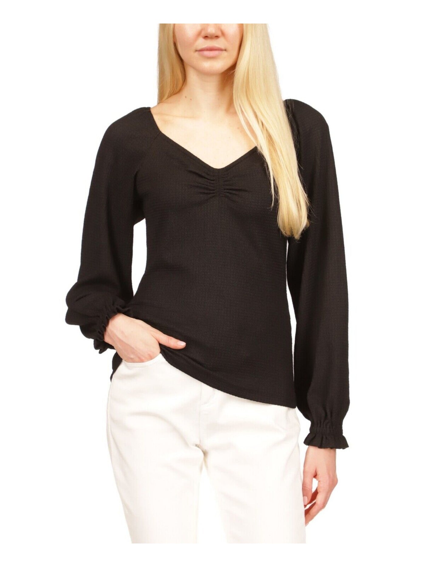 MICHAEL MICHAEL KORS Womens Black Textured Ruched Elastic Cuffs Long Sleeve V Neck Top Petites P\S