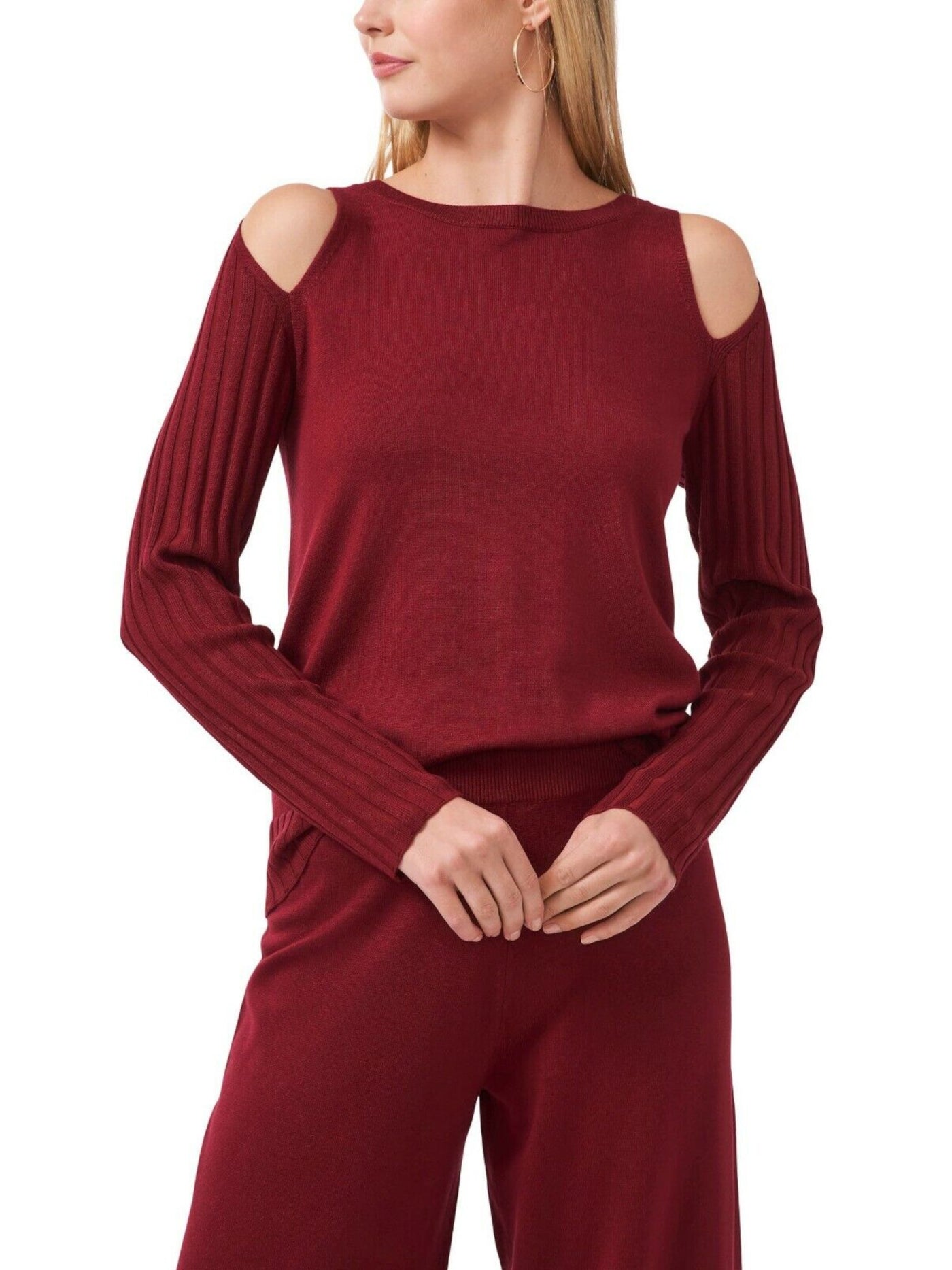 VINCE CAMUTO Womens Maroon Stretch Ribbed Cold Shoulder Mixed Textured Long Sleeve Crew Neck Top M