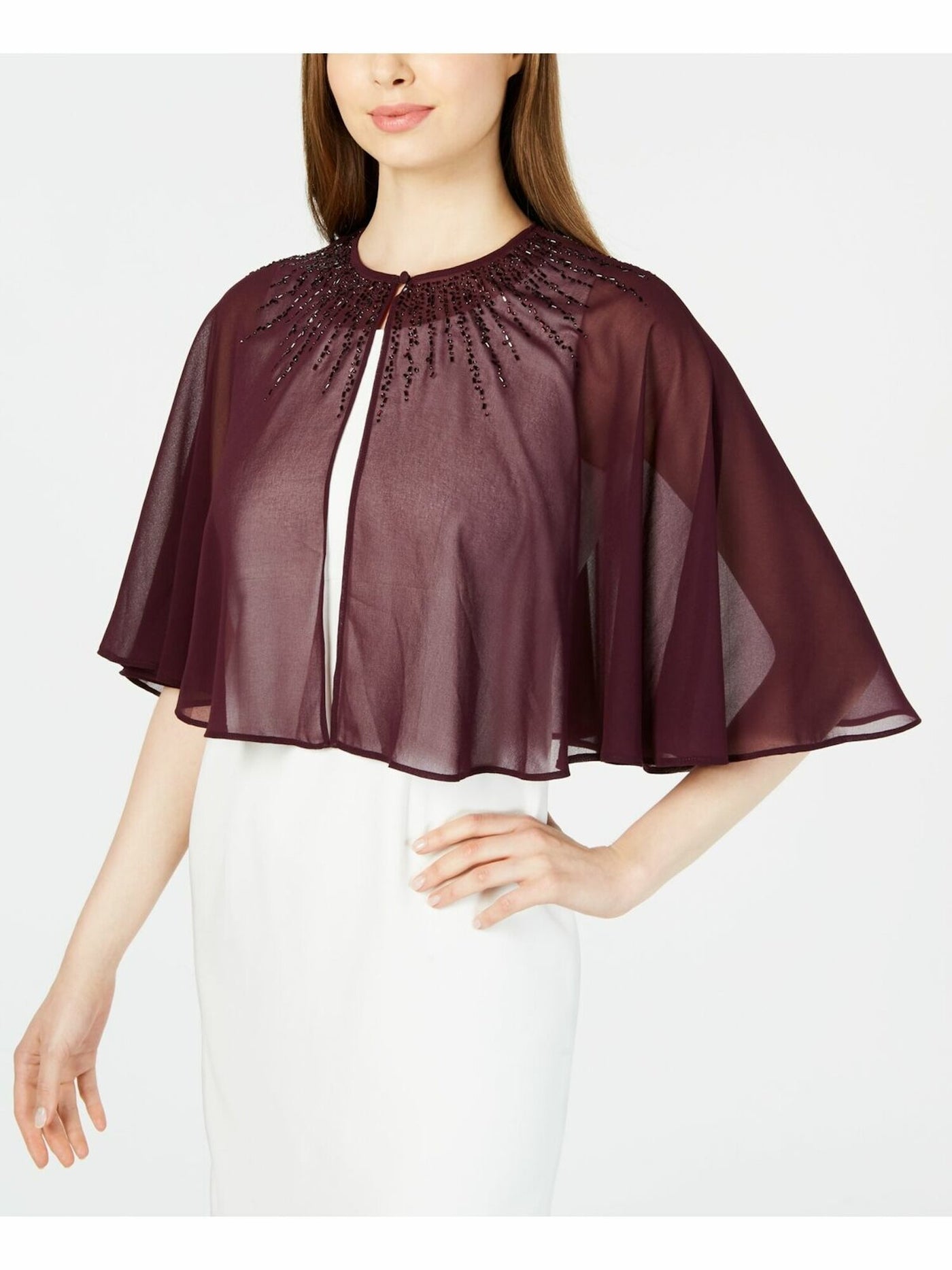 CALVIN KLEIN Womens Embellished Sheer Sleeveless Jewel Neck Formal PONCHO Top