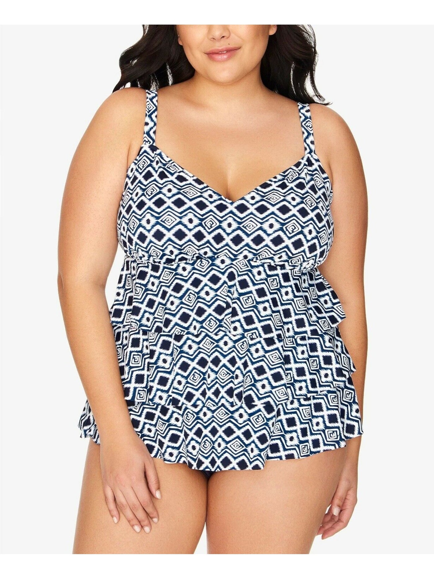 SWIM SOLUTIONS Women's Navy Printed Stretch Tummy Control Lined  Tiered Adjustable Fixed Cups Cottage Tile One Piece Swimsuit 24W