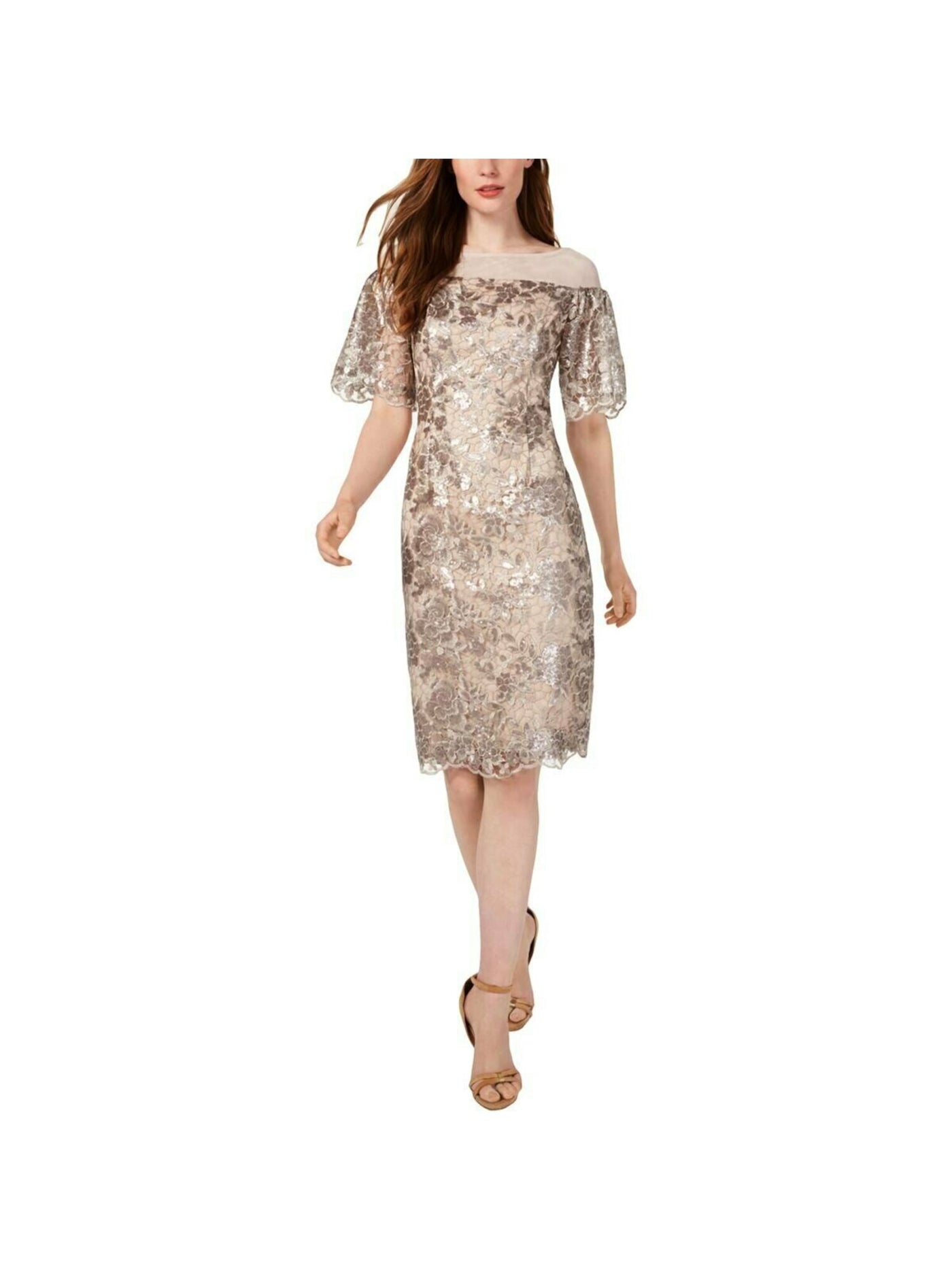 CALVIN KLEIN Womens Beige Sequined Bell Sleeve Jewel Neck Knee Length Evening Sheath Dress 4