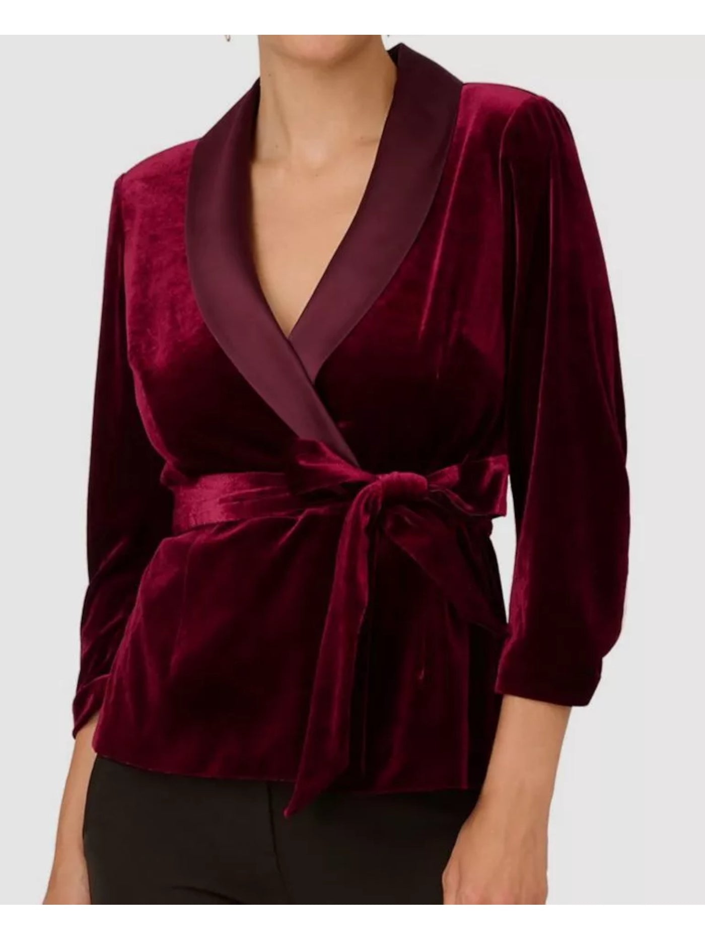 ADRIANNA PAPELL Womens Burgundy Tie Lined Silk Snap Closure 3/4 Sleeve Shawl Collar Evening Wrap Top 2