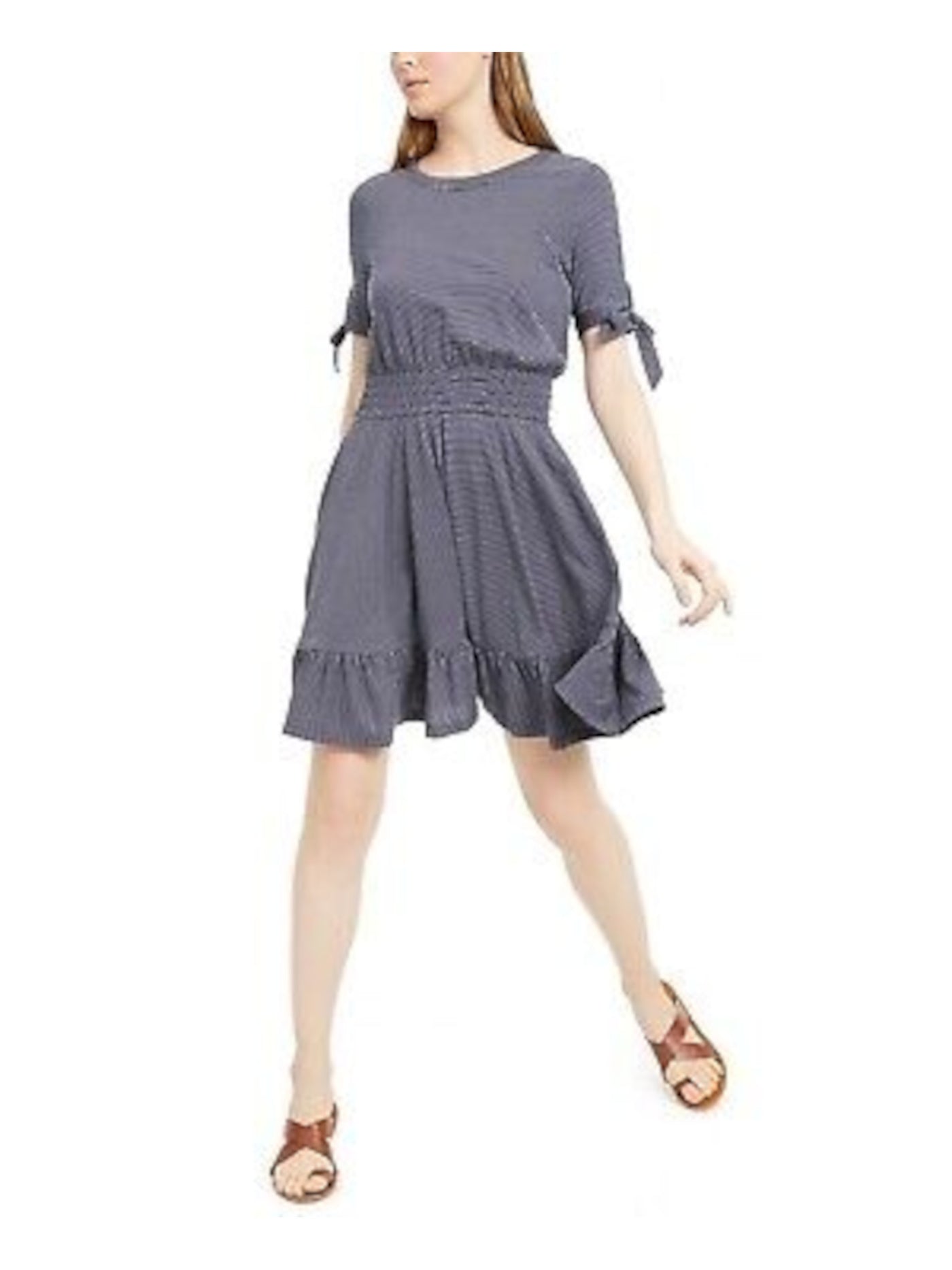 MAISON JULES Womens Navy Striped Short Sleeve Crew Neck Above The Knee Trapeze Dress S
