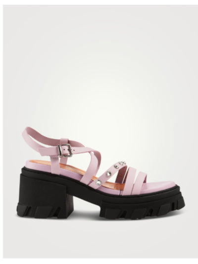 GANNI Womens Pink Lug Sole 2" Platform Embellished Strappy Round Toe Block Heel Buckle Leather Slingback Sandal 38
